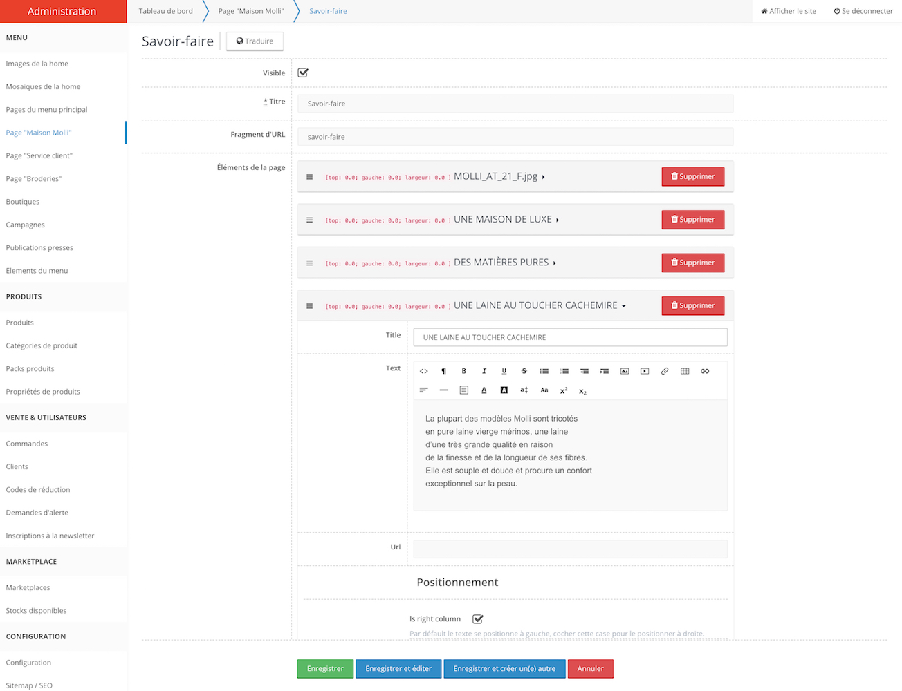 gestion des contenus de page du site internet