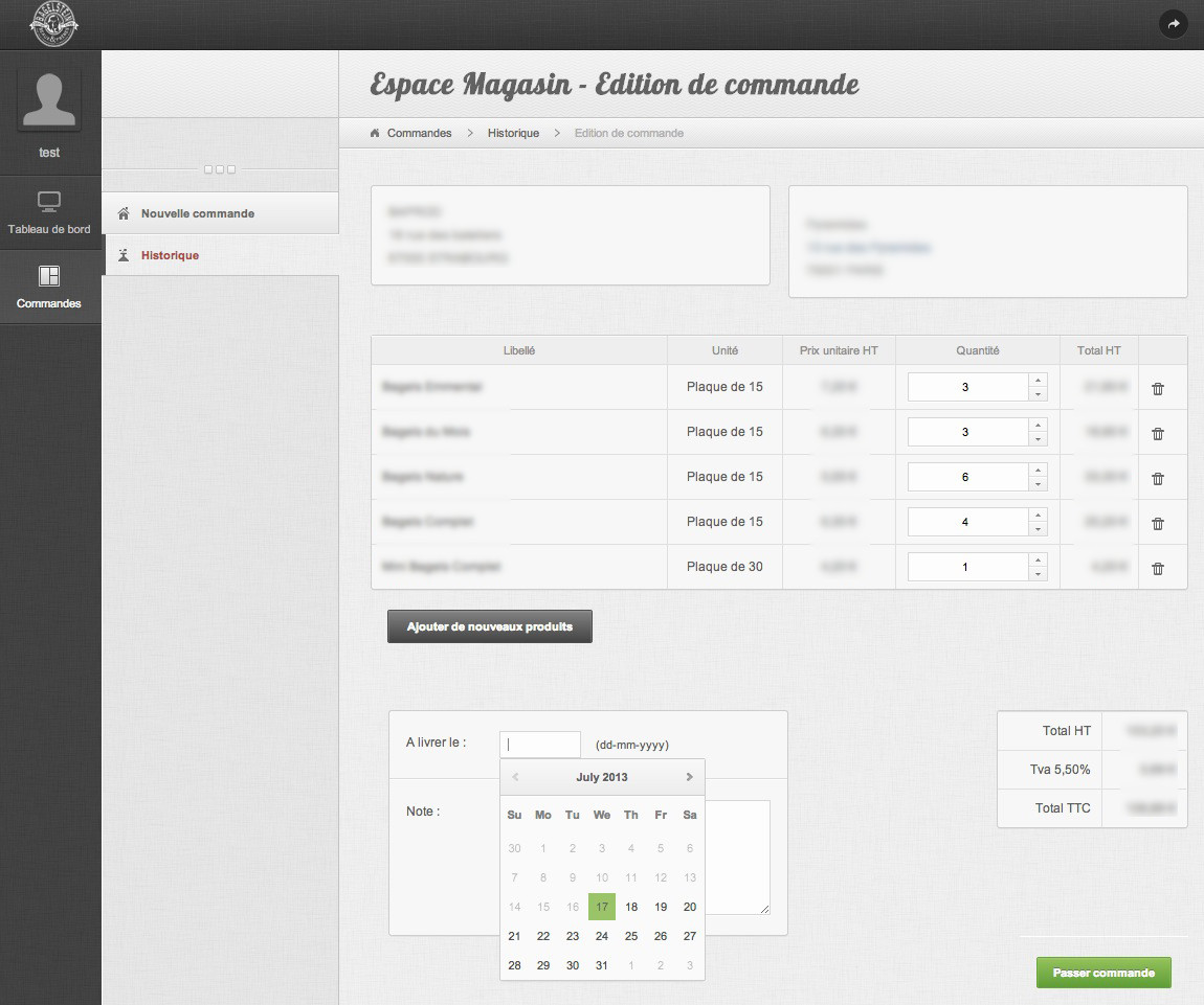 application de gestion de production vue prise de commande