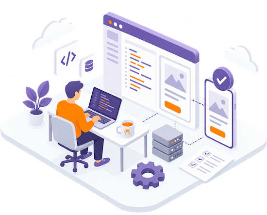 apres-cadrage-passer-developpement-logiciel Illustration isométrique représentant le passage du cadrage au développement logiciel, avec conception, code, déploiement et validation sur plusieurs supports.