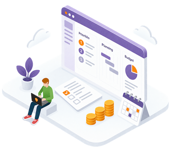 Définir le périmètre, les priorités et le budget d’un projet logiciel Illustration isométrique représentant la définition des priorités, du planning et du budget d’un projet logiciel avant son développement.