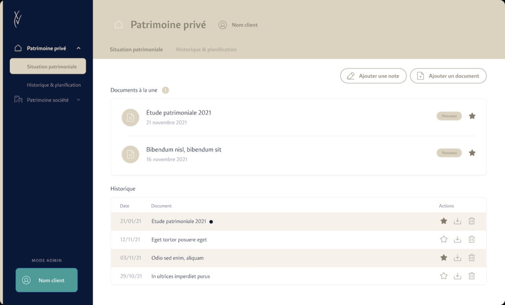 Gestion des situations et études patrimoniales - Groupe Quinze Interface de l'application Groupe Quinze pour gérer les situations et études patrimoniales