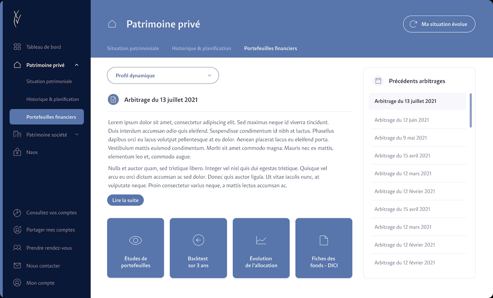 Gestion des portefeuilles financiers - Groupe Quinze Interface de l'application métier Groupe Quinze pour consulter les portefeuilles financiers et arbitrages