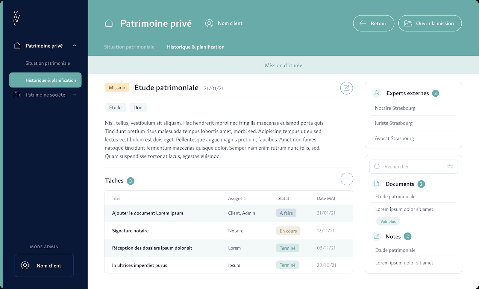Suivi des missions et tâches patrimoniales - Groupe Quinze Interface Groupe Quinze de suivi d'une mission patrimoniale avec tâches, documents, notes et experts externes