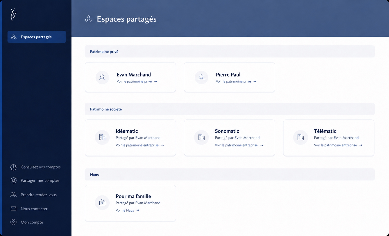 Espaces patrimoniaux partagés - Groupe Quinze Espaces partagés de l'application Groupe Quinze pour consulter des patrimoines privés, sociétés et espaces NAOS