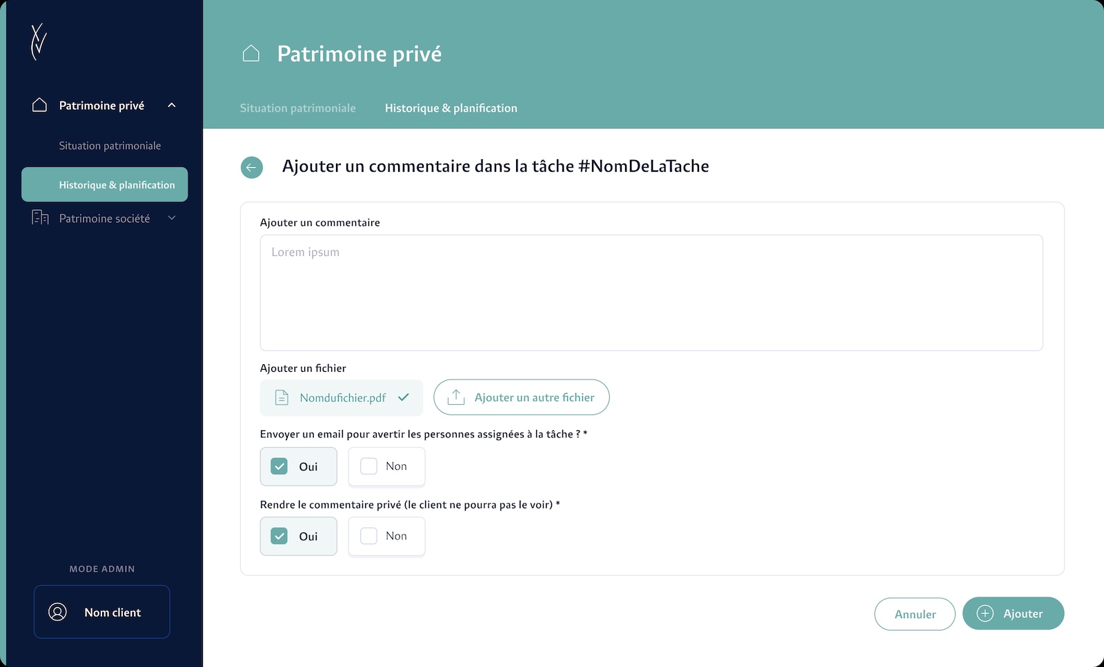 Gestion des commentaires, fichiers et notifications - Groupe Quinze Interface de l'application Groupe Quinze pour ajouter un commentaire, joindre un fichier et envoyer une notification