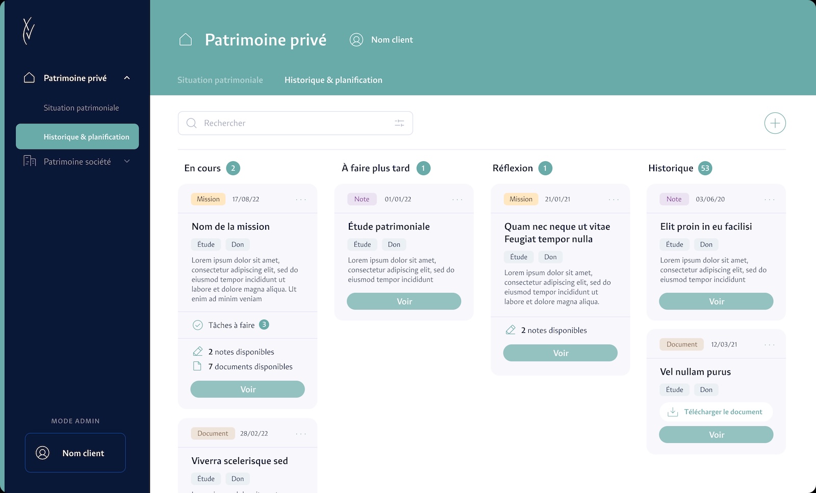 Application web métier Groupe Quinze développée sur mesure Interface finale de l'application web Groupe Quinze pour piloter missions, tâches, notes et documents patrimoniaux