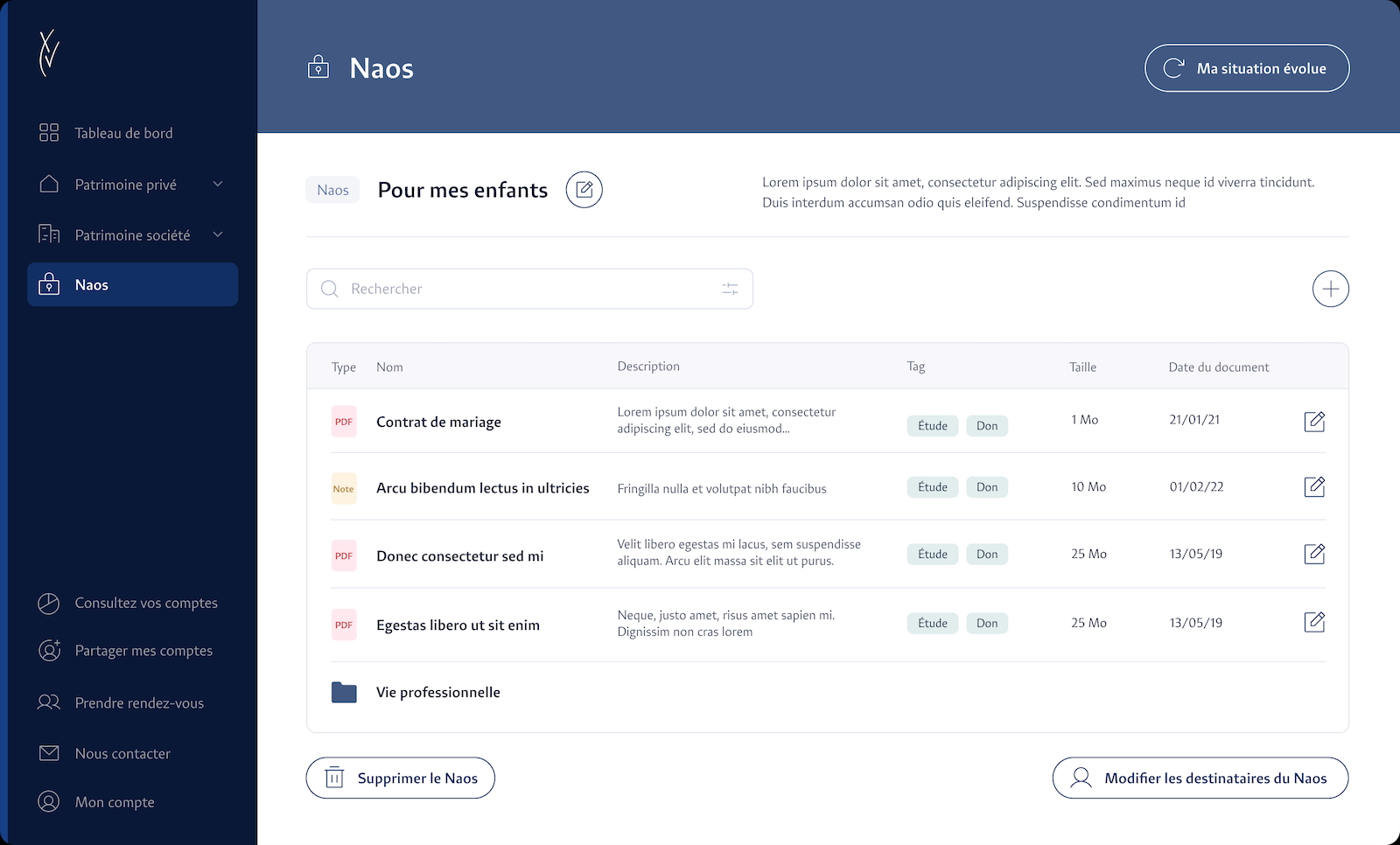 Coffre-fort numérique NAOS - Groupe Quinze Interface du coffre-fort numérique NAOS de Groupe Quinze pour organiser et partager des documents patrimoniaux