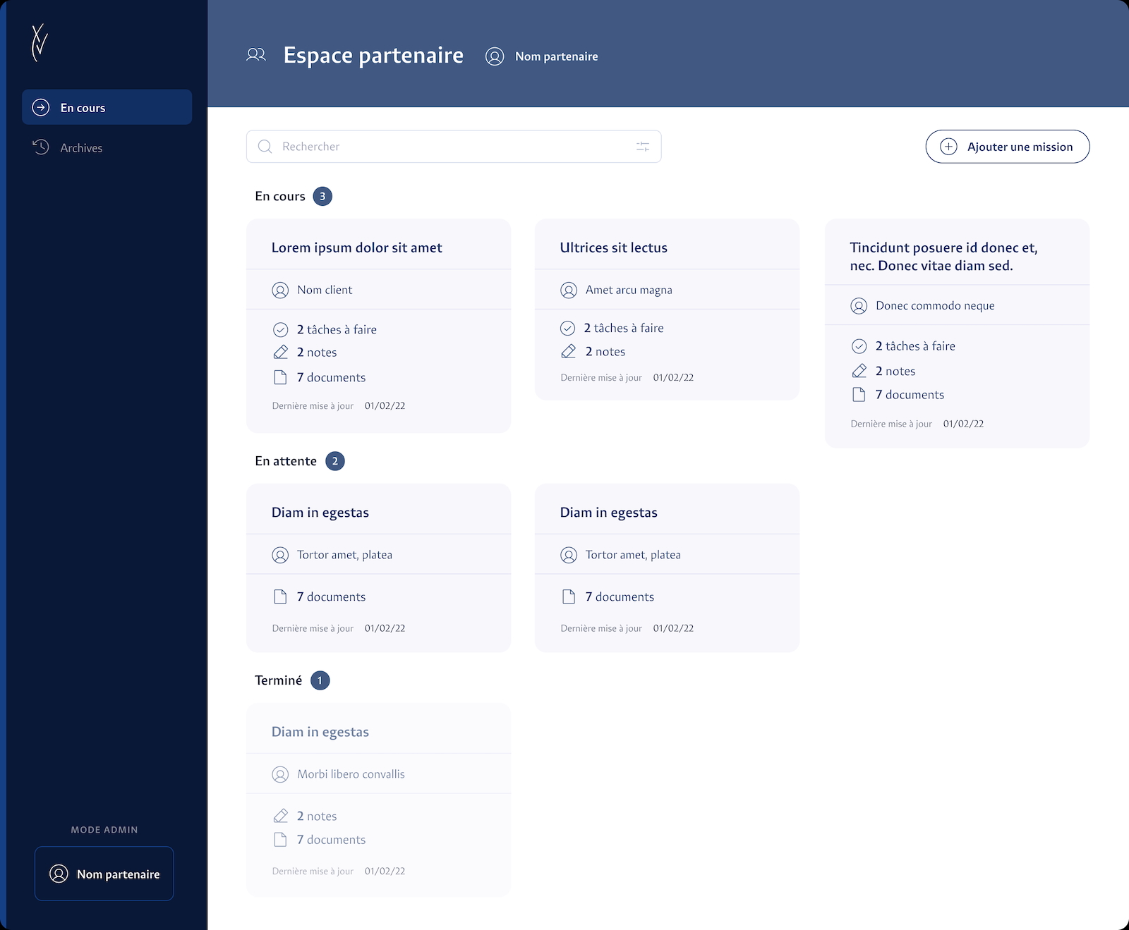 Espace partenaire et suivi des missions - Groupe Quinze Espace partenaire de l'application Groupe Quinze avec missions clients, tâches, notes et documents