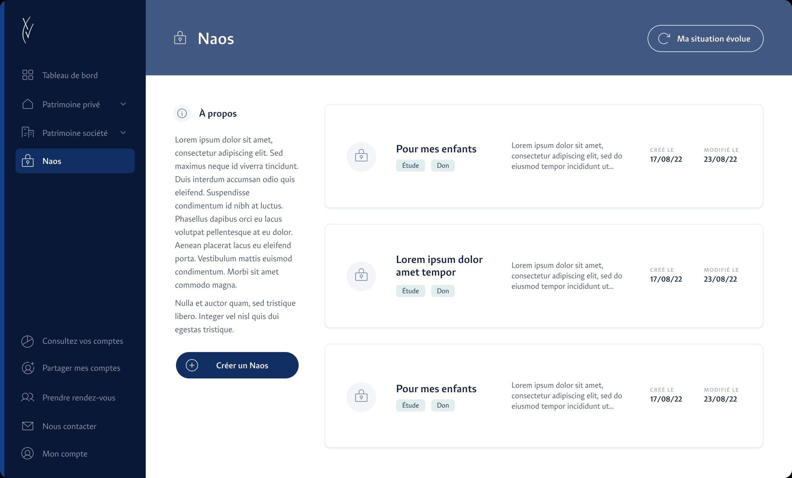 Gestion des espaces NAOS - Groupe Quinze Vue d'ensemble des espaces NAOS dans l'application Groupe Quinze avec création et gestion des coffres-forts numériques