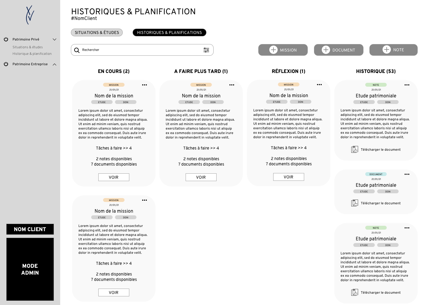 Wireframe de l'application métier Groupe Quinze Wireframe fonctionnel de l'application Groupe Quinze pour organiser missions, tâches, notes et documents