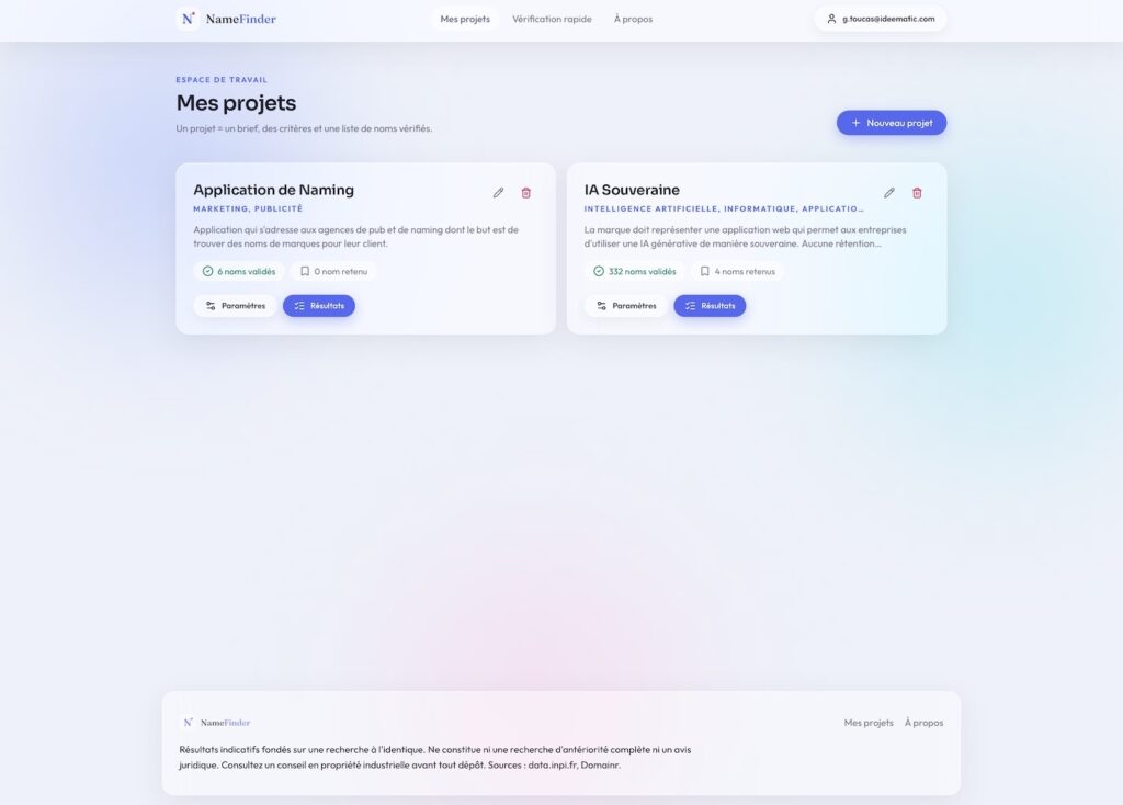 Gestion des projets de naming dans NameFinder Interface NameFinder présentant les projets de naming et le nombre de noms validés