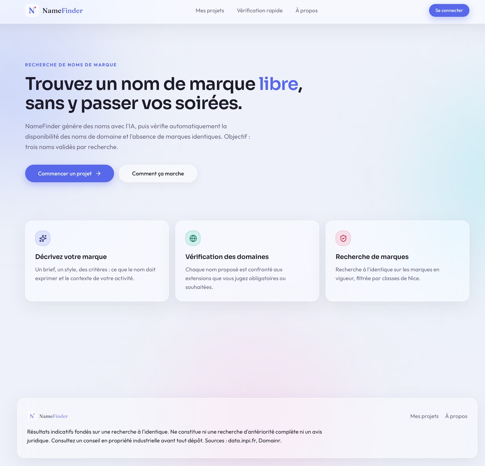 Interface de l'application web NameFinder pour générer et vérifier des noms de marque avec l'intelligence artificielle Interface de l'application web NameFinder pour générer et vérifier des noms de marque avec l'intelligence artificielle