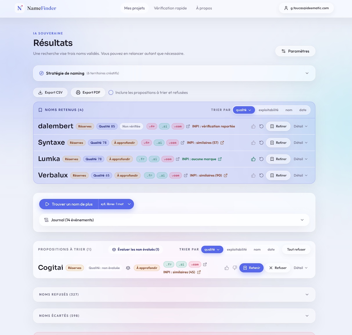 Arbitrage humain des propositions de naming dans NameFinder Interface NameFinder permettant de trier, retenir ou refuser les noms proposés et qualifiés par l’IA