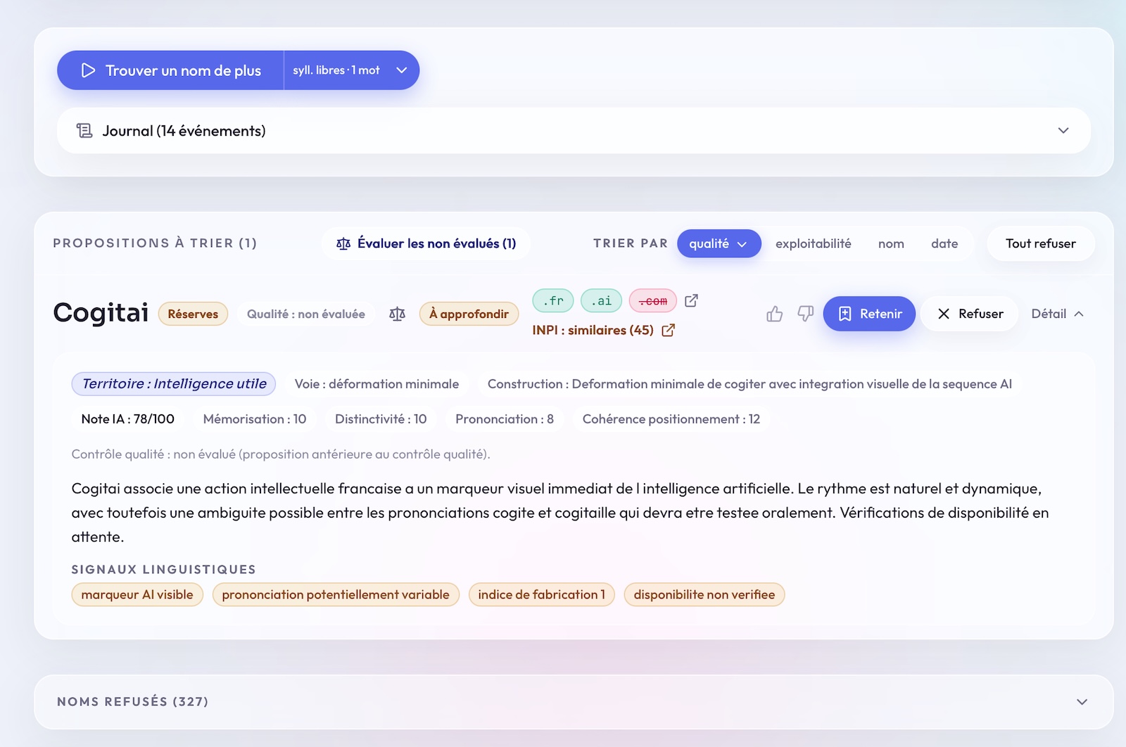 Méthodologie IA de qualification d’un nom de marque - NameFinder Interface NameFinder détaillant la méthode de création, la notation IA et les critères de qualification d’un nom de marque