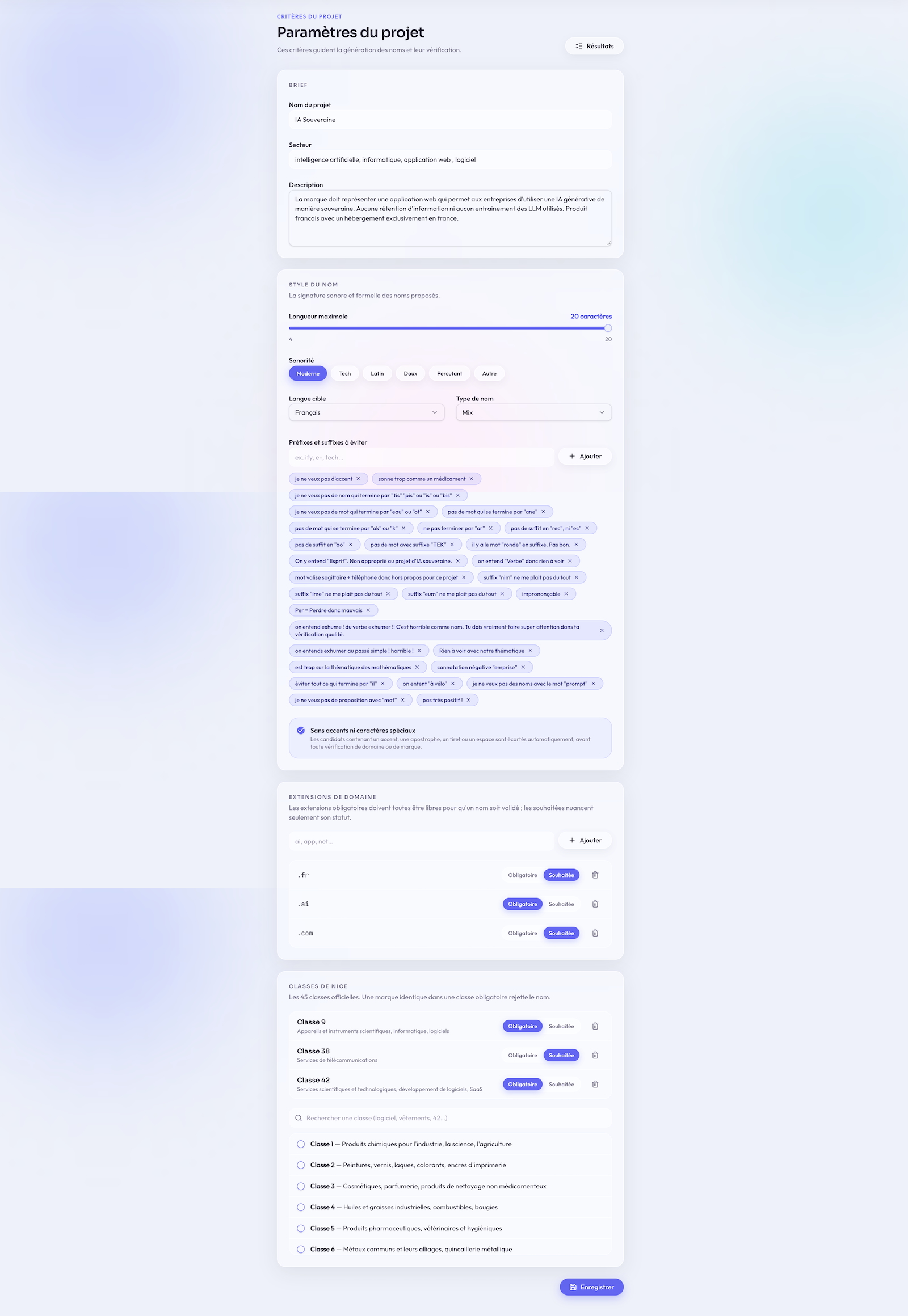 Paramétrage complet d’un projet de naming dans NameFinder Interface NameFinder pour définir le brief, les critères de naming, les domaines et les classes de Nice d’un projet