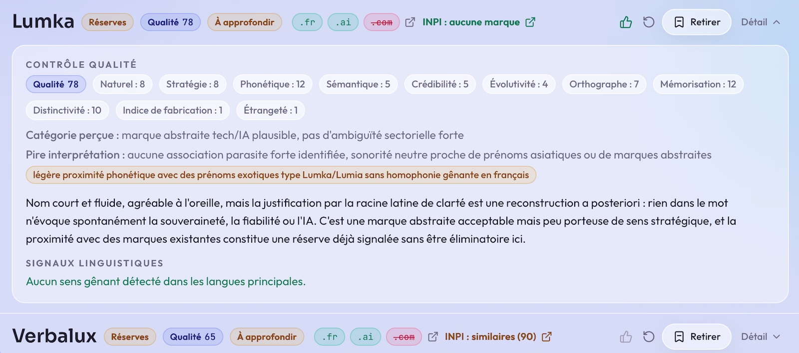Qualification d’un nom de marque avec contrôles domaines et INPI - NameFinder Interface NameFinder présentant la qualification d’un nom de marque, les domaines disponibles, les résultats INPI et les critères de qualité